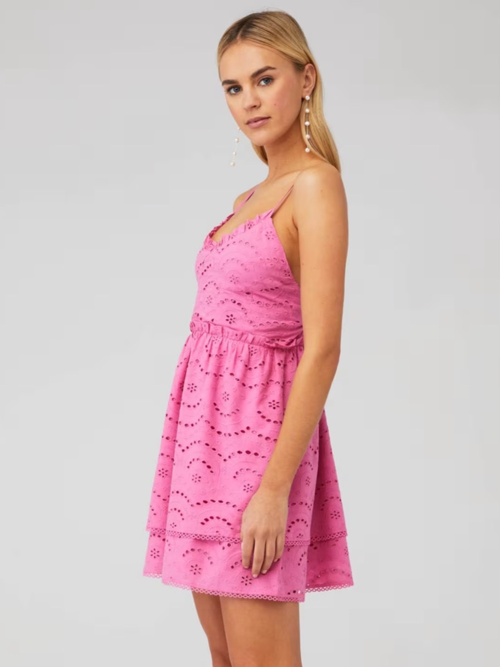 🌻Winston White Pink Francesca Mini Dress Eyelet Lace Tiered Ruffle Size Medium - Picture 3 of 7